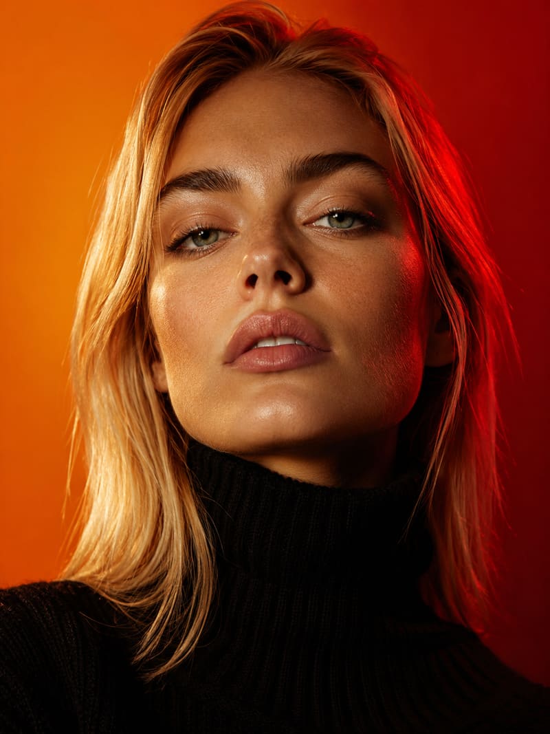 Ultra-photorealistic editorial fashion portrait of a beautiful young woman with straight blonde — AI-generated image