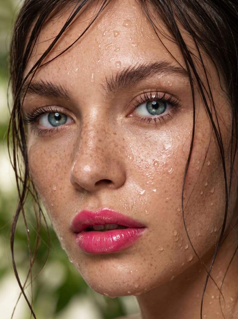 Extreme close-up beauty editorial portrait of a female model with pink bold — AI-generated image