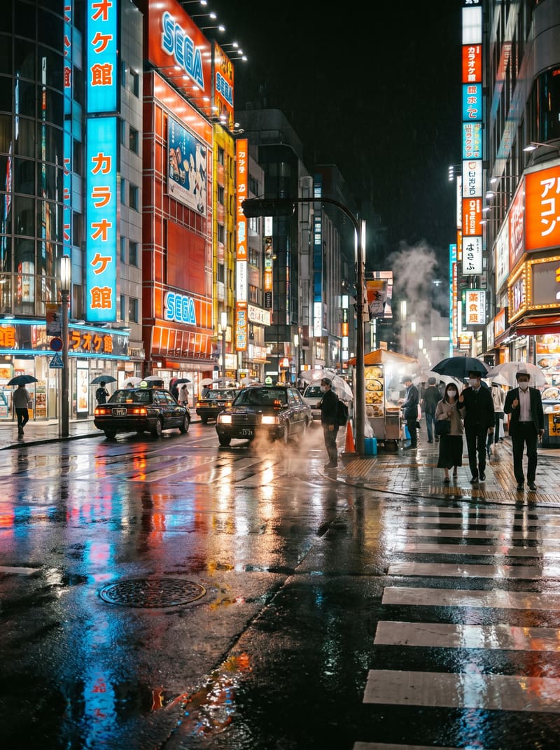 Tokyo street at night, neon signs reflecting on wet pavement, cinematic — AI-generated image