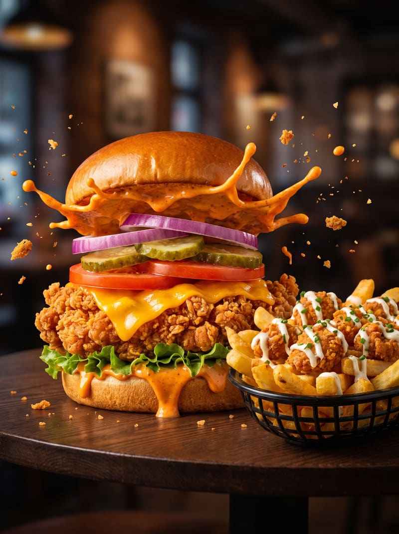 A dramatic photorealistic fast-food hero shot of a giant crispy fried chicken — AI-generated image