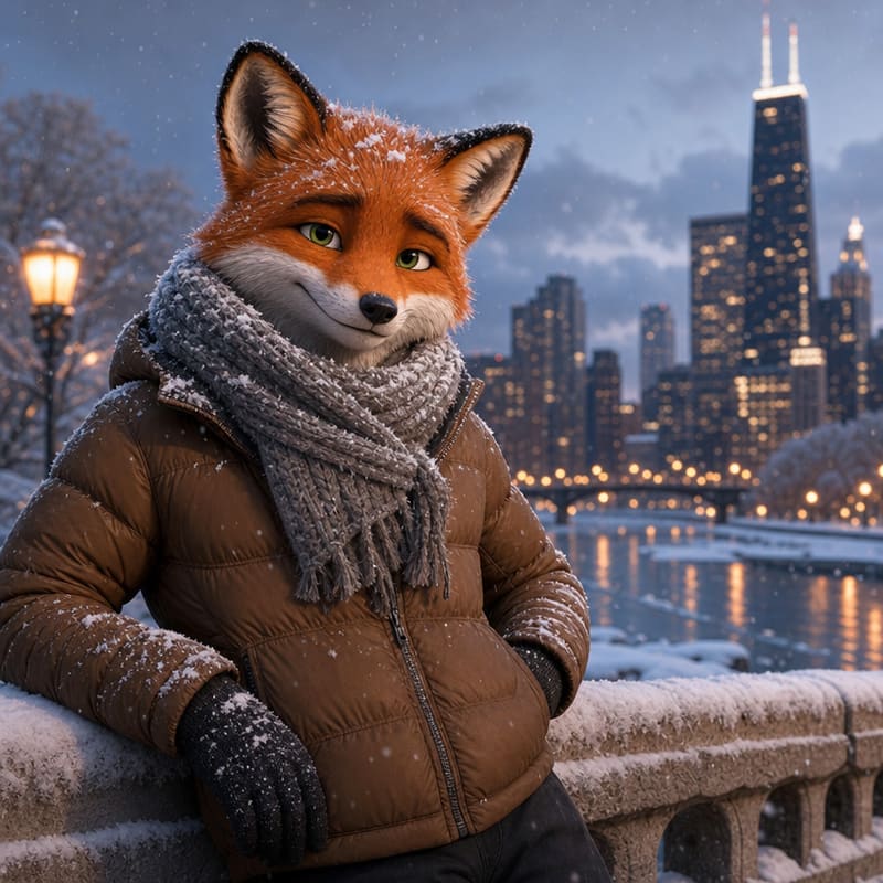 An anthropomorphic red fox with vibrant orange fur, a white muzzle and — AI-generated image
