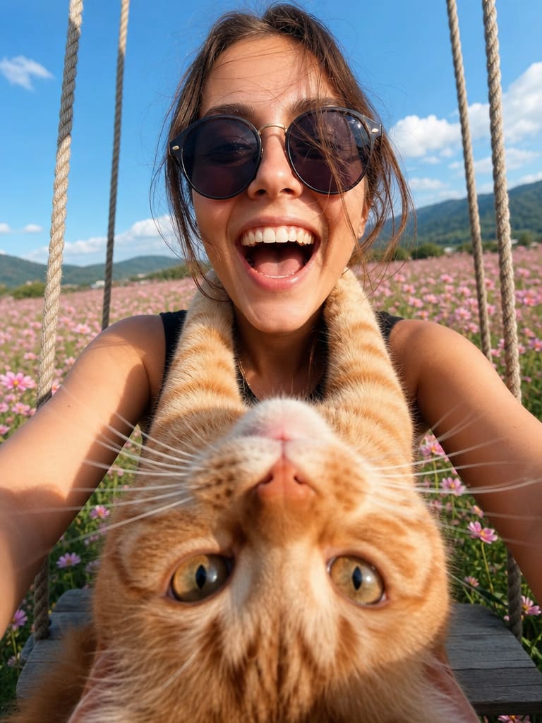 A funny ultra-realistic wide-angle smartphone selfie.

The camera is positioned directly in front — AI-generated image