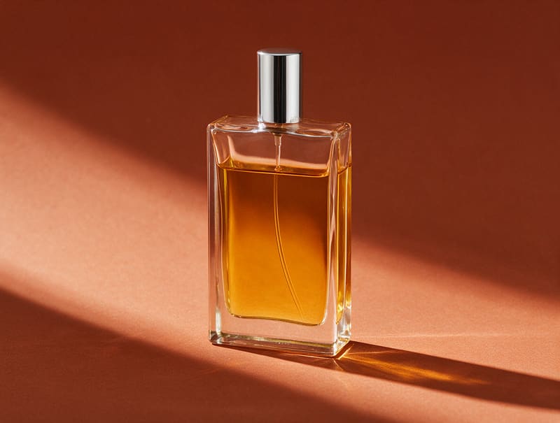 Modern product photo of a perfume bottle with amber liquid on a terracotta backdrop generated with AI