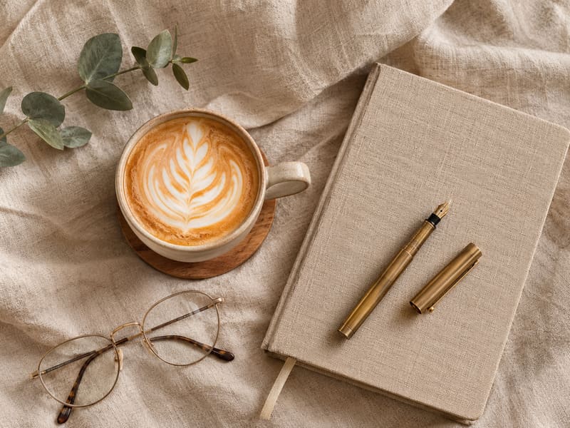 Flat lay photo of a coffee and notebook workspace for blog graphics generated with AI