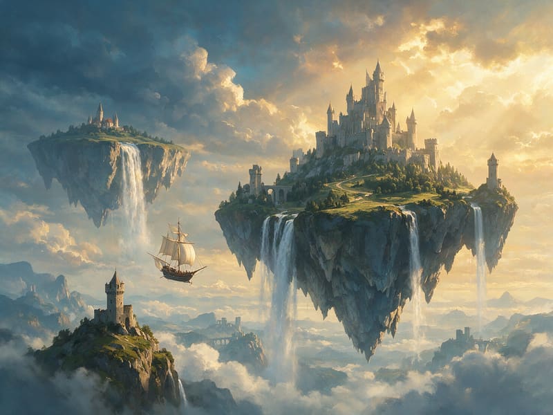 Fantasy concept art of floating islands with a castle generated with AI