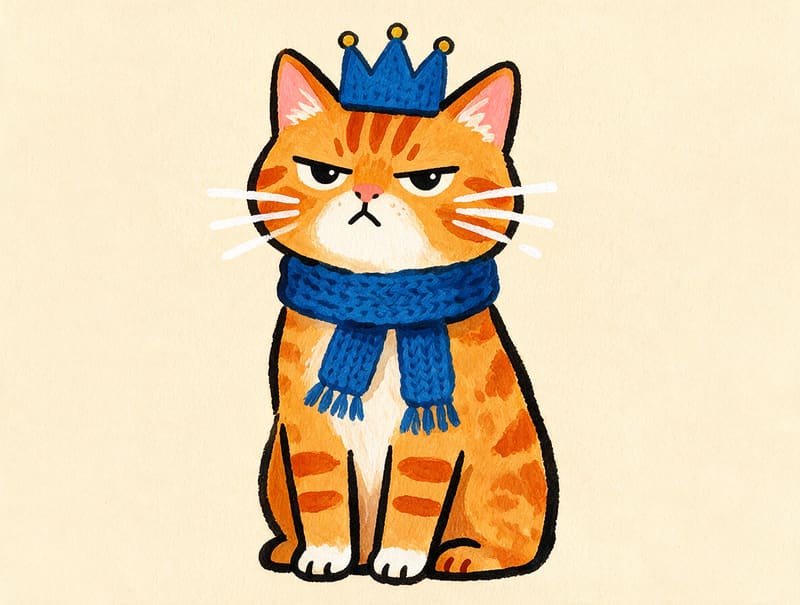 Gouache illustration of a ginger cat in a knitted scarf generated with AI