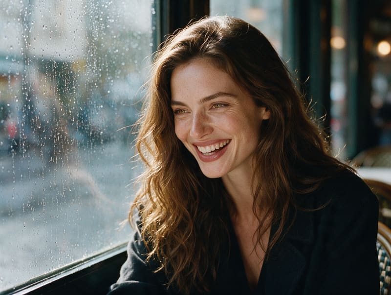 Photorealistic portrait of a laughing woman by a rainy cafe window generated with AI