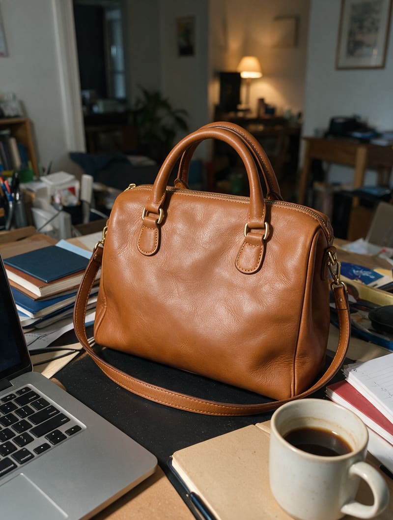 Phone photo of a leather handbag on a cluttered desk