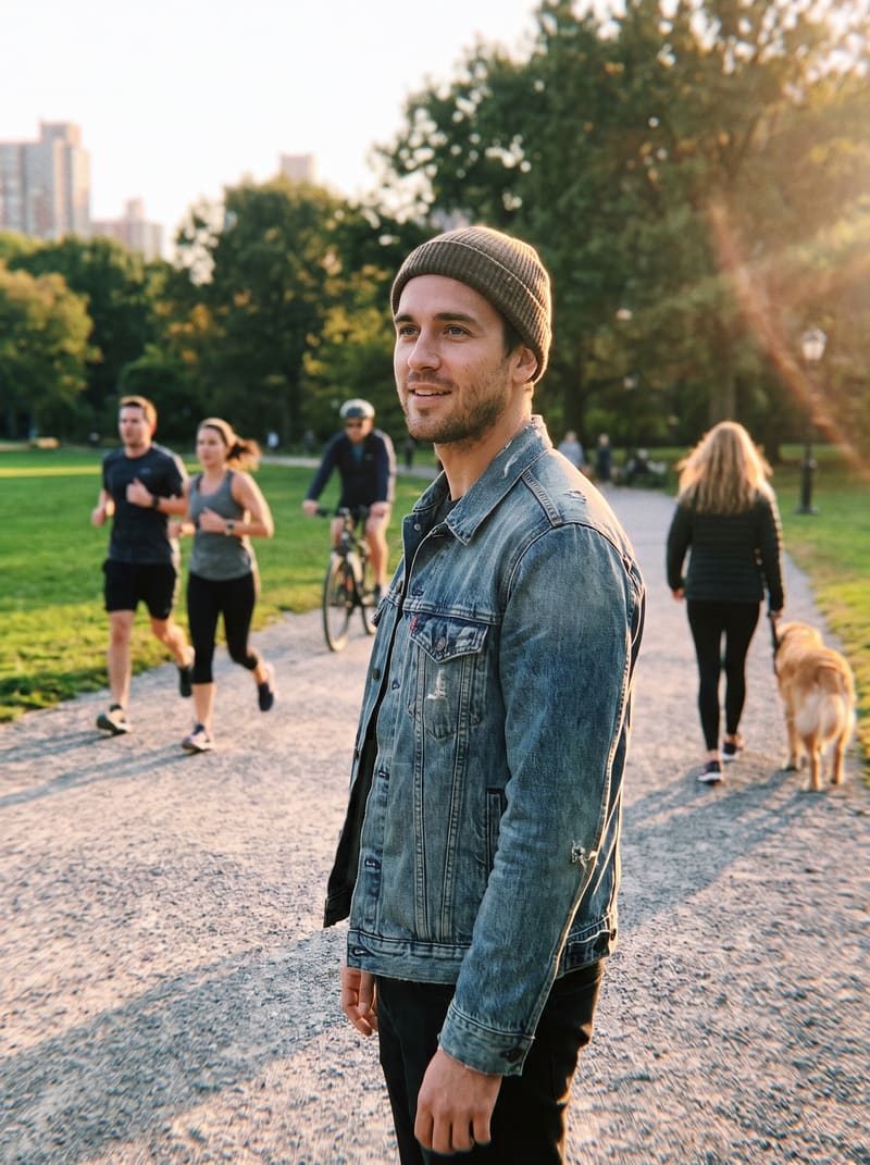Park photo with joggers, passersby, and a dog in the background