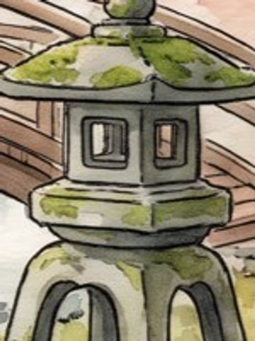 Before: soft, low-resolution crop of an AI-generated watercolor of a Japanese stone lantern, enlarged with plain bicubic resizing