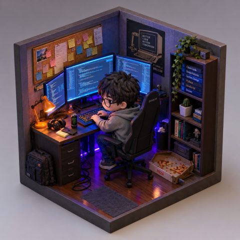 Chibi developer cube workspace – AI image prompt example