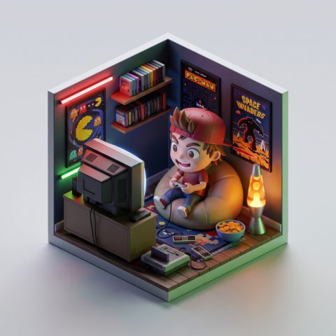 Chibi retro gaming den cube – AI image prompt example