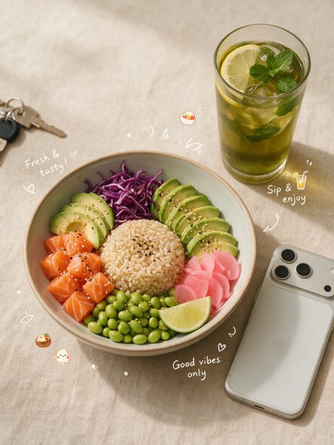 Doodle poke bowl flat-lay – AI image prompt example