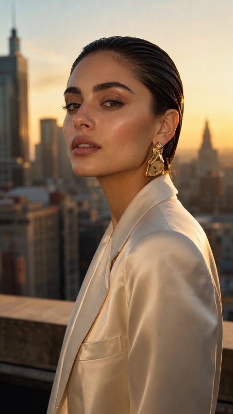 Golden rooftop silk portrait – AI image prompt example