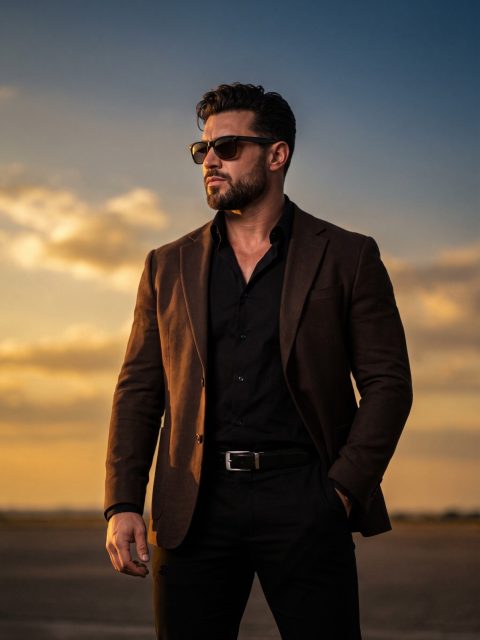 Heroic sunset movie portrait – AI image prompt example