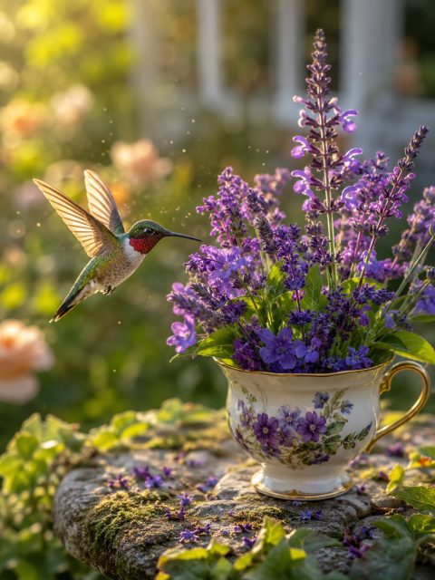 Hummingbird tea garden – AI image prompt example