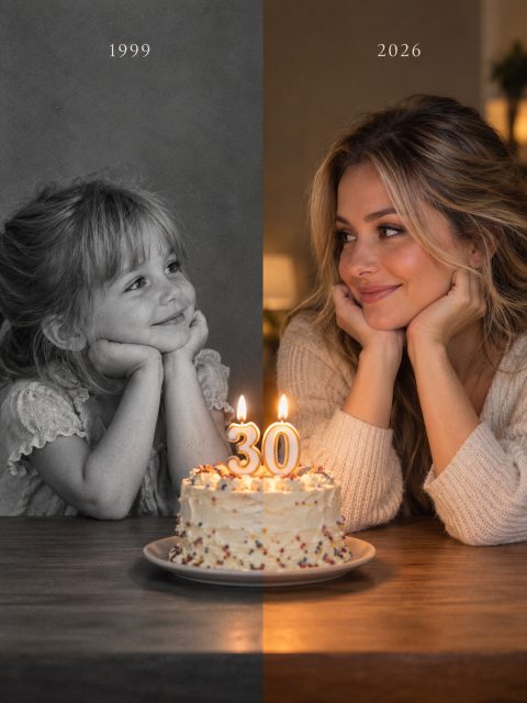 Meeting younger self portrait – AI image prompt example