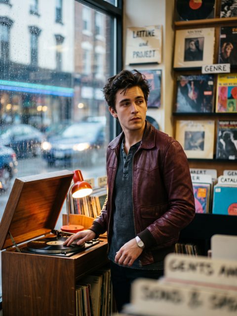 Midnight record shop portrait – AI image prompt example