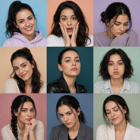 Nine-expression portrait grid – AI image prompt example