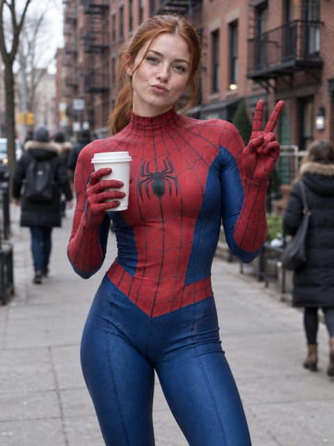 Off-duty Spider-Man street portrait – AI image prompt example