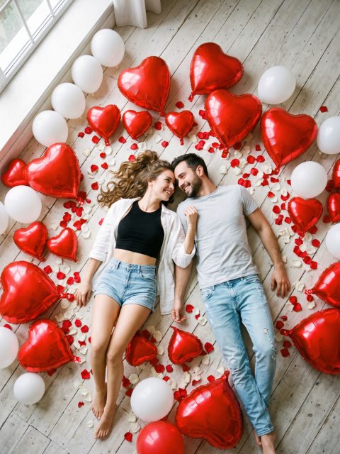 Overhead balloon couple portrait – AI image prompt example