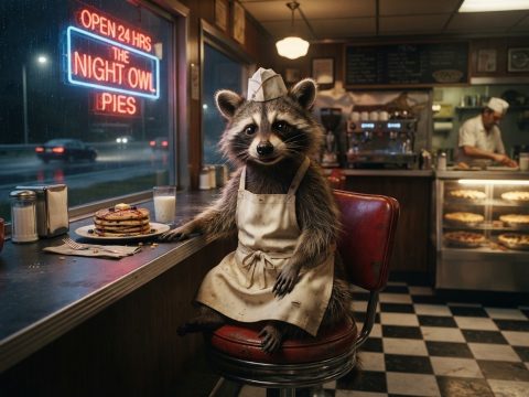 Raccoon midnight diner – AI image prompt example