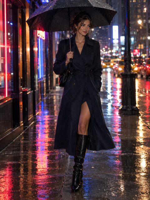 Rainy neon fashion walk – AI image prompt example
