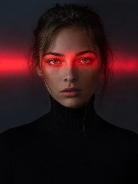 Red neon cinematic portrait – AI image prompt example