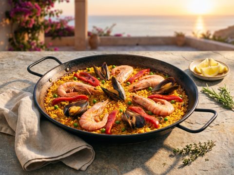Saffron paella at dusk – AI image prompt example