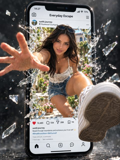 Shattered social media portrait – AI image prompt example